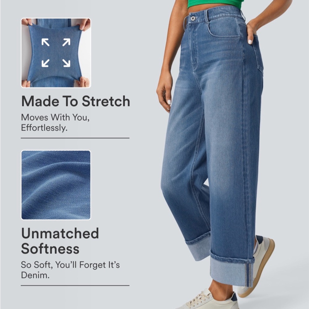 Halara Flex™ High Waisted Pockets Rolled Hem Wide Leg Washed Casual Jeans